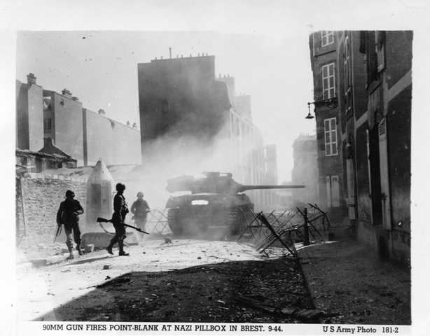 90mm gun fires point-blank at Nazi pillbox in Brest. 9-44